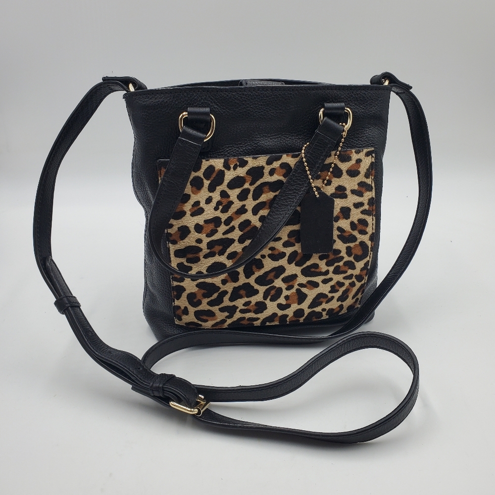 STEVEN By STEVE MADDEN Ladies Black Leather Crossbody Purse Leopard Print Animal